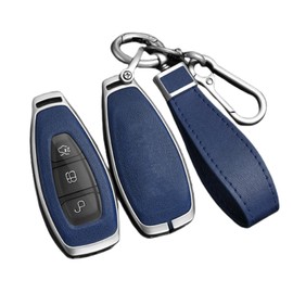Happyit Zinc Alloy Leather Car Key Case Cover for Ford Focus 3 4 ST Mondeo MK3 MK4 Fiesta Fusion Kuga 2013 2014 2015 2017 Protector Fob Keyless (Rope+Blue)