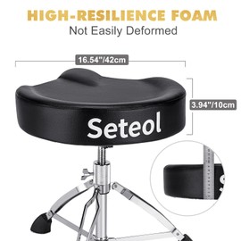 Seteol Heavy Duty Drum Throne 330 lbs, Saddle Drum Stool Height Adjustable, Ergonomic Thick Padded Drum Seat with 2 Pairs 5A Drumsticks & Drum Key for Adult Drummers