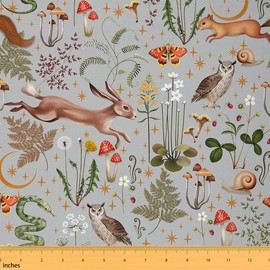 Cute Rabbit Owl Fabric by The Yard Watercolor Green Leaves Red Mushroom Fabric for Kids Sewing Supplies Wild Animals Rustic Jungle Style Fabric for Room Decor and DIY Upholstery 2 Yards,72" L x 59" W