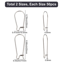 CREATCABIN 1 Box 100Pcs 2 Sizes Kidney Earrings Hook Silver Plated Stainless Steel Ear Wire Hypoallergenic Earwire Connector Tone for Jewelry Making Man Women DIY Dangle Earring Findings