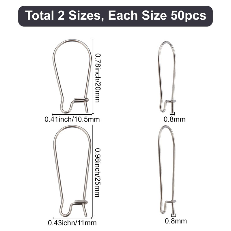 CREATCABIN 1 Box 100Pcs 2 Sizes Kidney Earrings Hook Silver