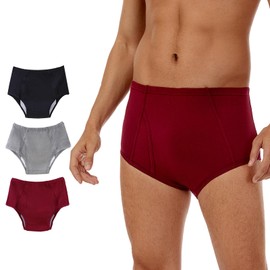 ShieldEase Washable Incontinence Underwear for Men - Cotton Urinary Leakproof Briefs with Flying, Complete Front & Rear Leak Proof, 120ml Absorbency (3 Pack, Black/Gray/Burgundy, S)