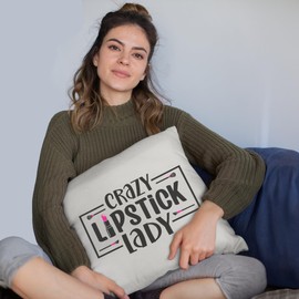 Crazy Lipstick Lady w/Pink Lipstick & Powder Brushes Design - Beauty Themed Merch for Makeup Artist or Cosmetologist, Gift for Makeup Lovers, Pillow Cover, White 18X18 in