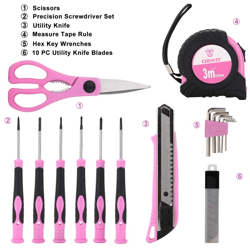 DEKO Pink Tool Set 110 Piece Household Tool Kit,Ladies Portable