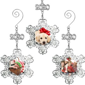 Annual Christmas Photo Ornament - Set of 3 Dated 2020 Silver Charm and Metal Snowflake with Crystals and Pearls - Hanging Snowflake Ornament - Family Senior Sports School Wedding Vacation Pictures…