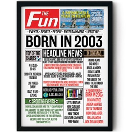 Stuff4 21st Birthday Poster Framed - Born In 2003 Newspaper - Happy 21st Birthday Gifts for Men Women Vintage Retro Back In 2003, 8x10 Inch Twenty-One Twenty-First Bday Party Decor Decoration