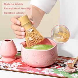 Matcha Set, Matcha Whisk Set Includes 15.2oz Matcha Bowl with Spout,Matcha Whisk,Chasen Holder, Scoop, Sifter, Towel - 7 Pcs Pink Glaze Ceramic Matcha Kit for Matcha Lover