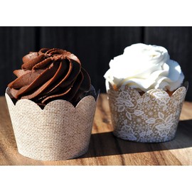 Burlap Cupcake Wrappers for Weddings, Birthday Parties, Anniversary Celebrations, Bridal Showers, and Rustic Parties. Set of 24 Reversible Jute Burlap to Lace print Scalloped Cup Cake Holder Wrap