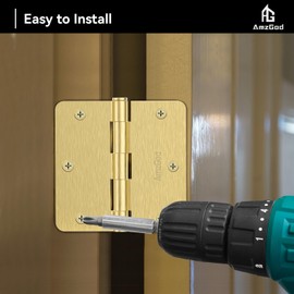 AmzGod Door Hinges Satin Brass - 30 Pack Gold Door Hinges 3.5 Inch Rounded Interior Door Hinges with 1/4" Radius - 3 1/2 Inches Flat Iron Brass Hinges for Residential Standard Doors