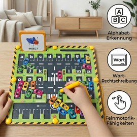 Magnetic Alphabet Maze Wooden Letter Matching Board Toy for Toddlers 3+, Montessori Parking Lot Color & ABC Spelling Game, Fine Motor Skills & Preschool Learning Travel Gift for Boys Girls