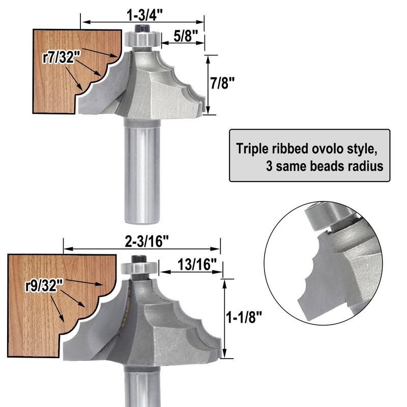 5Pcs Triple Bead Ovolo Bit Set,1/2" Shank,Radius 3.5mm, 4.5mm, 5.5mm,
