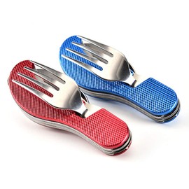 AKOAK 2 Pcs Outdoor Camping Multi-purpose Dinning Knife, Stainless Steel Detachable Dinning Spoon, Camping Combination Tableware, Including Camping Fork, Knife, Spoon and Bottle Opener (Red+Blue)