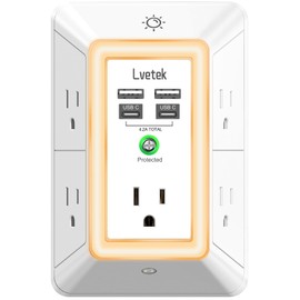 Multi Plug Outlet Surge Protector - Lvetek 3-Sided Power Strip with 5 Outlet Extender and 4 USB Ports(2 USB-C) and Night Light, USB Wall Charger for Home, Office, Travel, ETL Listed, White