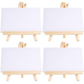 Set of 4 Table Easel Wooden Canvas Stand Set, 15 x 20 cm Canvas with 18 x 24 cm Easel, Small Table Easel, Wooden Stand, Tripod for Drawing, Table Decoration for Wedding, Birthday, Christening Party