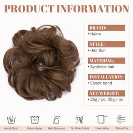 Hairro Messy Hair Bun Extensions Hair Piece Curly Wavy Scrunchies Synthetic Chignon with Elastic Rubber Band Ponytail Hairpiece for Women Hair Updo Donut for New Year Birthday Party #6 Red Brown 25g/pc 2pcs