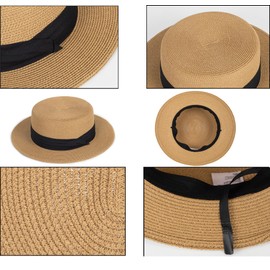 Straw Flat Top Sun-Boater-Hat for Men Women, Wide Brim Straw-Panama-Summer-Beach-Pork-Pie-Hats UPF 50+ (S/M)