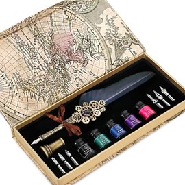 NC Feather Pen Ink Set,Quill Pen Ink Set Includes 5 Bottles of Ink and 6 Replaceable Stainless Steel Nibs,1Gear Quill Pen,Calligraphy Pen Set for Writing,Letter Writing,Signature Invitation,etc(Blcak)