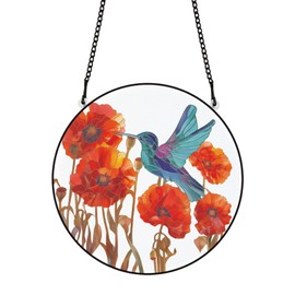 PLIGREAT Red Poppy Stained Suncatcher Window Wall Art Hanging Ornament Painted Colorful Hummingbird Acrylic Panel Crafts for Garden Home Indoor and Outdoor Hanging Decor