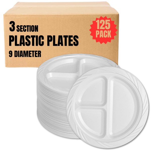 1InTheHome 9 inch Plastic 3 Compartment Sectional Plates, Disposable Plates with Compartment, Round White Sectional Plates 9-inch diameter 125 pcs