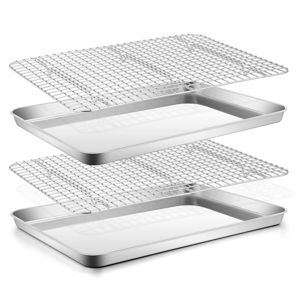 Stainless Steel Baking Sheet with Rack Set, E-far 16”x12” Cookie Sheet Pan for Oven, Rimmed Metal Tray with Wire Cooling Rack for Cooking Roasting Resting Bacon Meat Steak - Dishwasher Safe