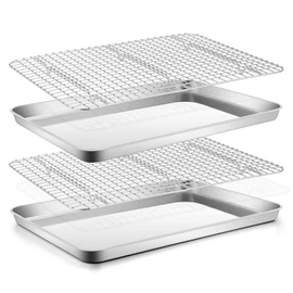 Stainless Steel Baking Sheet with Rack Set, E-far 16”x12” Cookie Sheet Pan for Oven, Rimmed Metal Tray with Wire Cooling Rack for Cooking Roasting Resting Bacon Meat Steak - Dishwasher Safe