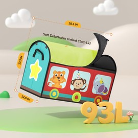 YOHOOLYO Toy Storage Organizer for Kids, Large Sturdy Flip-Top Toy Box with Fabric Lid & Handles, Cute Train Design Toy Chest Bin Box Baskets for Playroom, Nursery, Boys, Girls