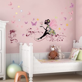 Runtoo Pink Butterfly Girl Wall Decals Fairy Flower Wall Art Stickers for Girls Kids Bedroom Baby Nursery Wall Decor