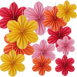 12 PCS Hanging Paper Fans Flower,Paper Decorations Hanging,Paper Flowers Decorations with Lanyard Pin,Paper Fans 20/25/35 cm for Party, Wedding, Festival Decoration (Red, Yellow, Pink, Orange)