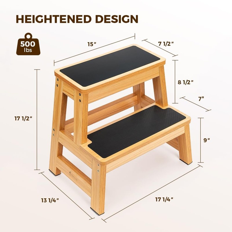StrongTek Wood Step Stool, 17" Tall Two-Step Design for Adults