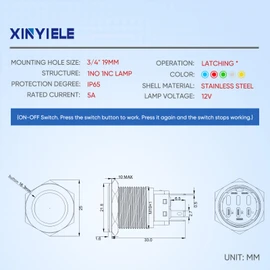 XINYIELE 19MM Latching 12V DC Push Button Switch On/Off,Waterproof Stainless Steel with LED Light Power Button Switch for Marine,0.74" Mounting Hole with Wire Socket Plug Self-Locking(Ring Blue LED)