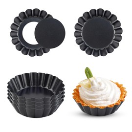 4 Pack Tart Pans Tortilla Pan Set Mini Tart Molds Carbon Steel Taco Shell for Baking 3 Inch Taco Salad Bowl Maker with Removable Bottom NonStick Tortilla Bowl Fluted Side for Quiche Cakes Pies (Black)