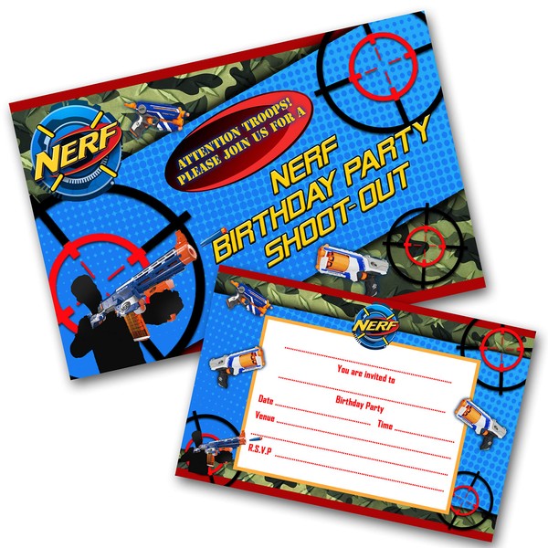 Nerf Gun Party Invitations Pack & Envelopes (WRITE ON) PACK OF 15