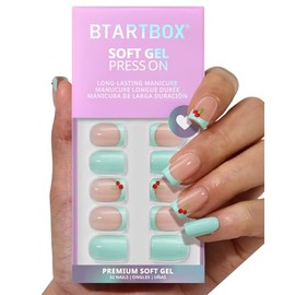 BTArtbox Uñas postizas con punta francesa - Berry Pail, fáciles de aplicar, color verde menta, cortas y cuadradas, con pegamento y pestañas adhesivas 