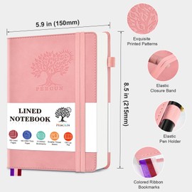 PERCUN Lined Journal Notebook for Men & Women, 160 Pages College Ruled Journal for Writing, A5 Hardcover Leather Notebooks for Work, School, Business, Travel, Daily Diary 5.9" x 8.5" (Pink)