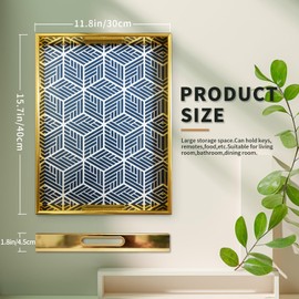 KEQAM Coffee Table Tray, Decorative Serving Tray with Handles, Large Trays for Serving Food, Morden Rectangular Serving Tray for Living Room, Geometry Blue, 15.7''X11.8''