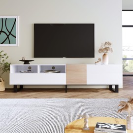 Virubi Modern TV Stand with 3 Cabinets & Open Shelves, Minimalist Wooden Entertainment Center for TVs Up to 80”, Sturdy TV Console for Living Room Bedroom Decor (White)