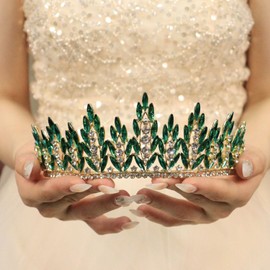 Rannyrena Gold Bride Wedding Tiara Crown for Women Elegant Royal Queen Crown Headband Glitter Crystal Princess Headpieces for Quinceanera Pageant Prom Birthday (02Gold-green, Standard)