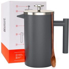 Barista Warrior French Press with Thermometer - Insulated Coffee Press - Stainless Steel Coffee Maker (1.0L, 34 fl oz, Gray)