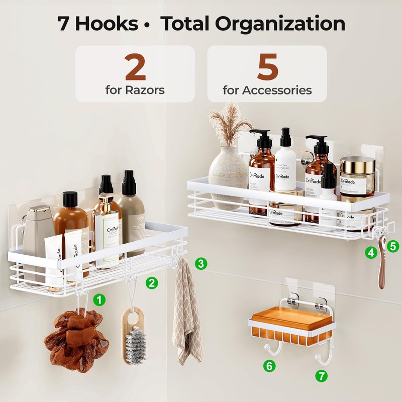 Orimade Adhesive Shower Caddy Soap Dish Holder Shelf with 5