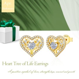 LAVUMO Earrings 925 Silver, Hypoallergenic Tree of Life Heart Earrings Women, 5A Zircon Birthstone Jewellery, Ideal Birthday Gift for Women, Girlfriend, Mum, Valentine's Day, Mother's Day, Christmas,