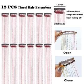 PORSMEER 12Pcs Clip in Hair Tinsel Kit,Colorful Red Glitter Heat Resistant Hair Tinsel Extensions Fairy Hair with Clips, Sparkle Strands Festival Gift Party Dazzle Hair Accessories 20 Inch for Women