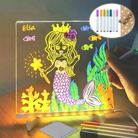 LED Note Board with 7 Colors Pen LED Light Up Writing Message Board Acrylic Drawing Dry Erase Board, 15x15cm Illuminated Doodle Desktop Memo Glow Wordpad with Stand for Kids School Cafe Home Office