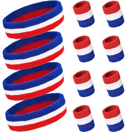 PAMASE 4 Sets Striped Sweatbands Set, Including 4 pcs Sports Headbands and 8 pcs Wristbands Cotton Sweat Band American Flag Style for Tennis Athletic Men Women