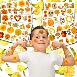 100 PCS Marigold Flower Temporary Tattoos Themed Birthday Party Decorations Favors Supplies Décor Mexico Dia de Los Muertos Day of The Dead Tattoo Stickers Gifts For Game Boys Girls Classroom School