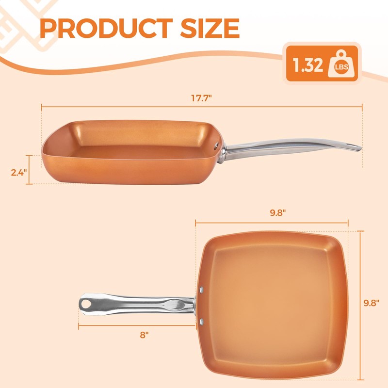 Toutrop Non-Stick Copper Square Frying Pan, 9.5" Chef Skillet with