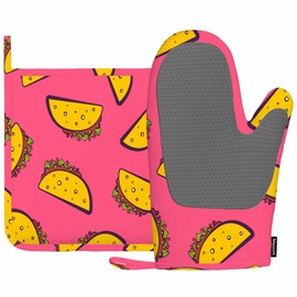 Mxocom Mexican Taco Silicone Oven Mitts and Pot Holders Sets Cute Cartoon on Pink Background BBQ Gloves for Kitchen,Cooking,Baking,Grilling