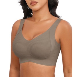 ZHUHOUSE Bra for Women without Underwire, Seamless Comfortable Bralette, Push Up with Deep V-Neck, Classic Bra, A01 Coffee