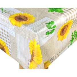Karina Home Taupe and Yellow Sunflower Wipe Clean Tablecloth Vinyl PVC Table Cover Wipeable Table Cloth (Taupe, 180cm x 140cm)
