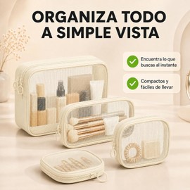 Set de 4 Bolsas de Maquillaje de Malla para Viaje, 3 Tamaños, Beige