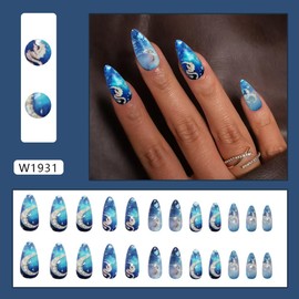 Dark Blue Almond Press on Nails Medium Fake Nails Gold Moon Glitter False Nails with Blue Ombre Designs Full Cover Glue on Nails Sparkly Artificial Nails Cute Stick on Nails for Women 24Pcs